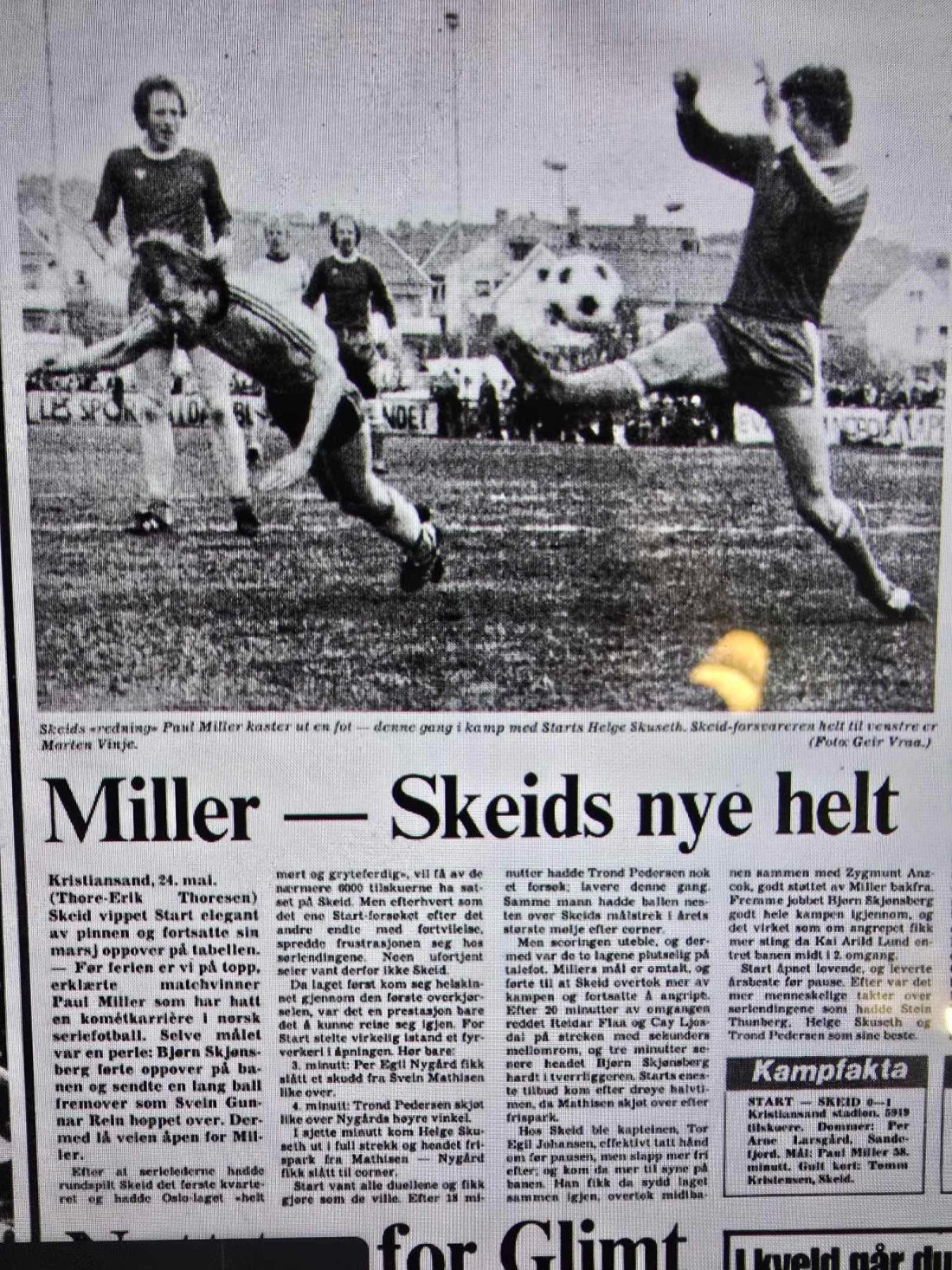 Faksimile fra Aftenposten 24. mai 1978, da Miller scoret mot Start.